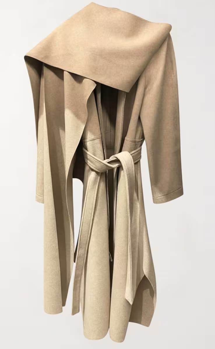 LONG COAT WITH ATTACHED SCARF BEIGE