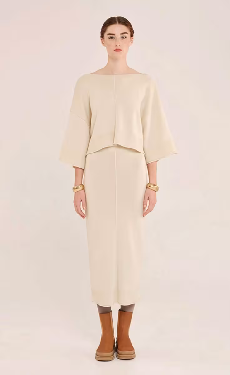 KNIT MIDI SKIRT WITH FRONT NERVURE ICE GARDENIA