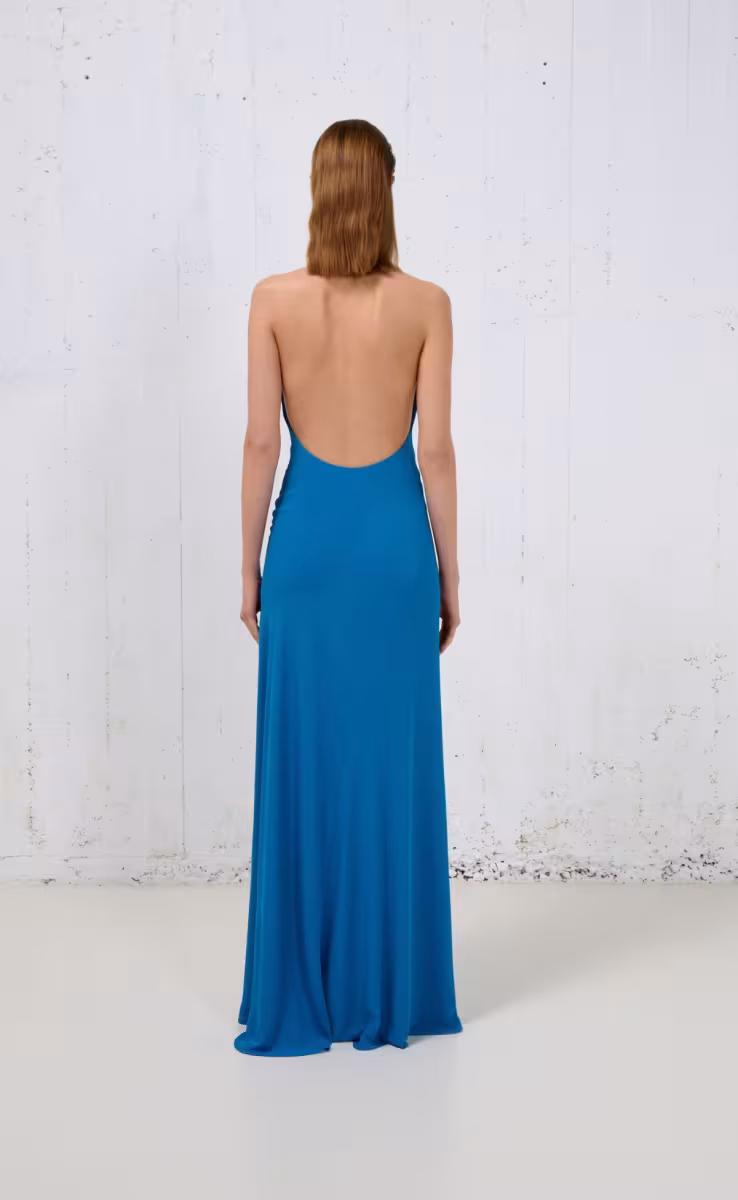 LONG BACKLESS DRESS BLUE
