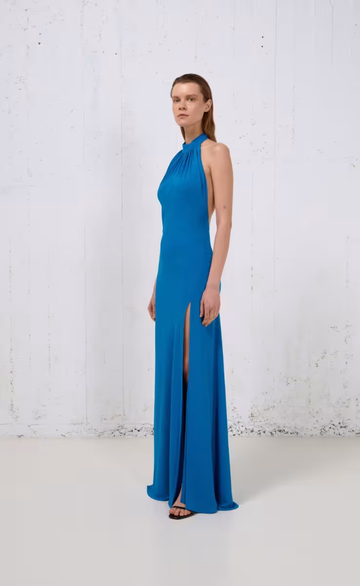 LONG BACKLESS DRESS BLUE