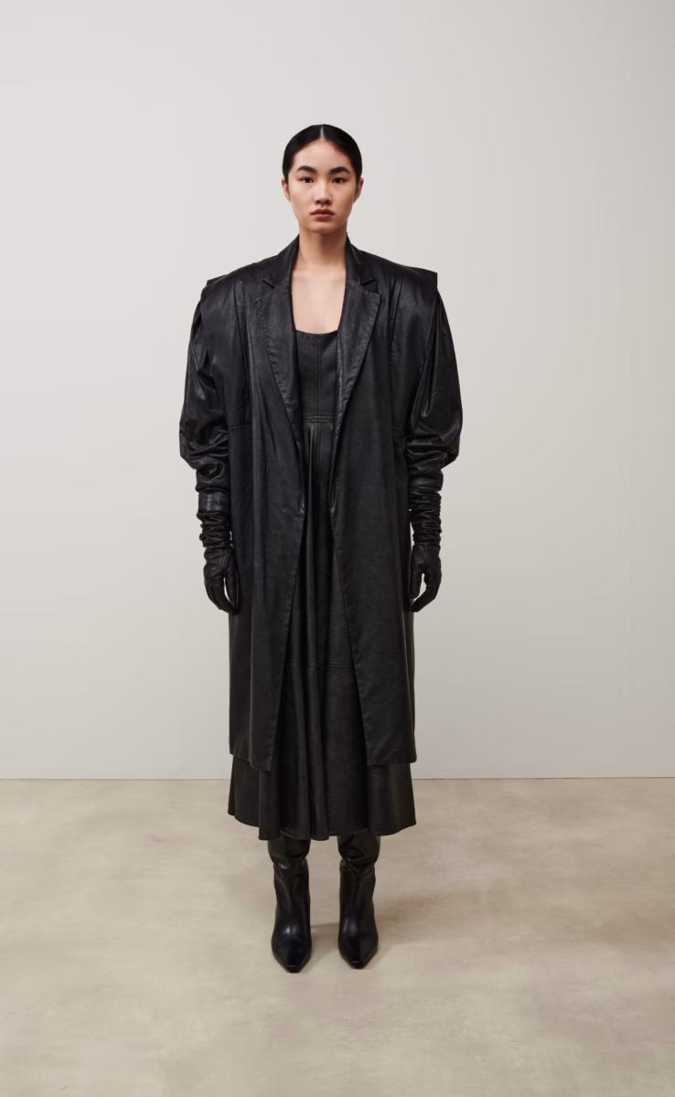 PUFFED SLEEVES ECO LEATHER COAT BLACK