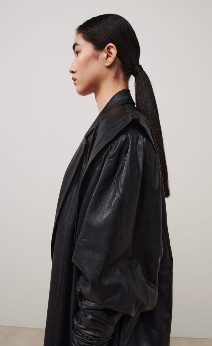 PUFFED SLEEVES ECO LEATHER COAT BLACK