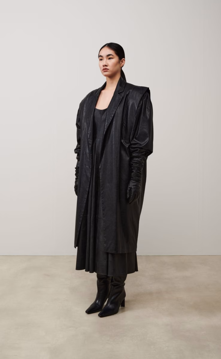 PUFFED SLEEVES ECO LEATHER COAT BLACK
