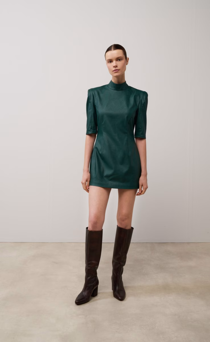 SHORT SLEEVES ECO LEATHER DRESS GREEM