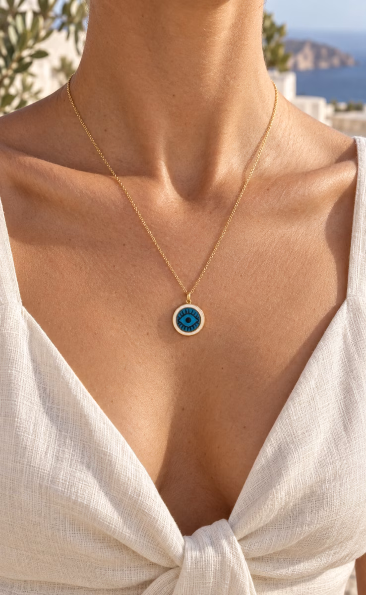WHITE ENAMEL EVIL EYE PENDANT NECKLACE