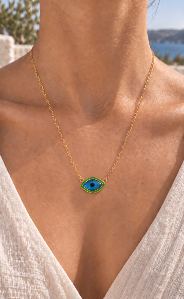 GREEN ENAMEL OVAL EYE NECKLACE 40cm