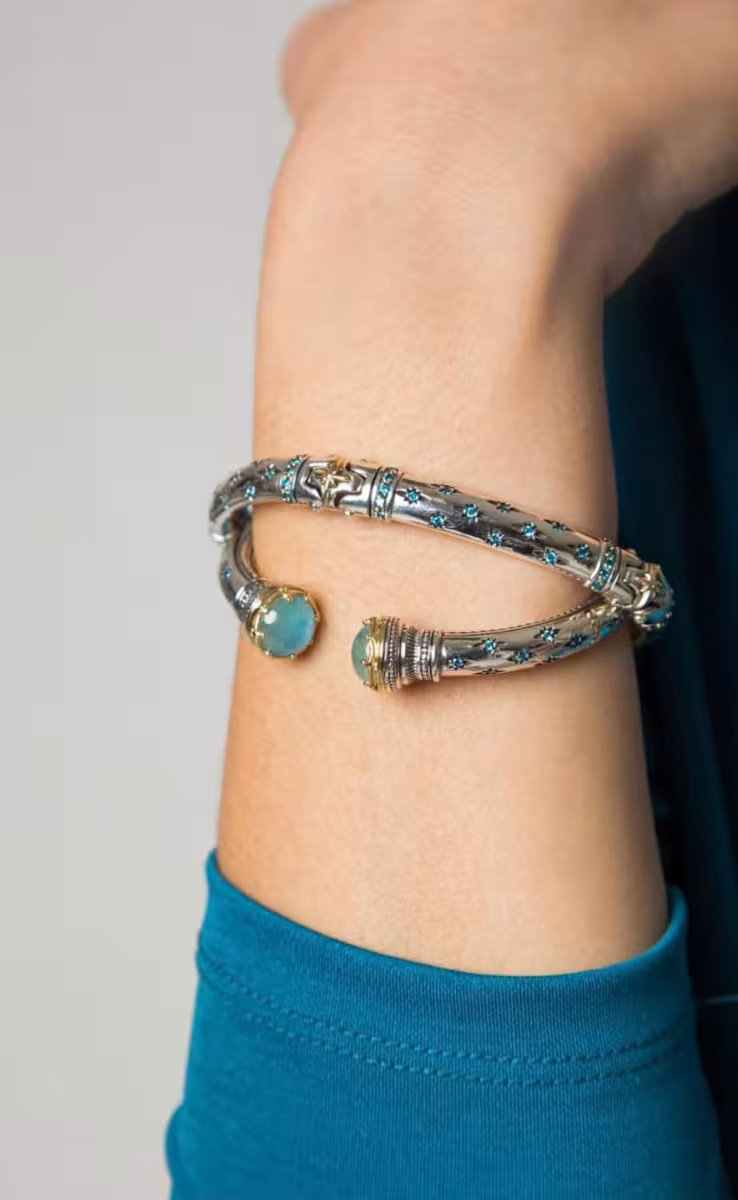 AURORA BRACELET STERLING SILVER & 18K GOLD WITH AQUA MARINE AND BLUE SPINEL