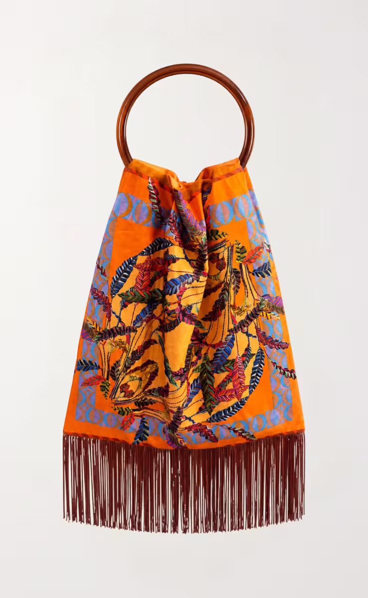 SILK FRINGE BAG TOFFEE PLASTIC HANDLE LARGE