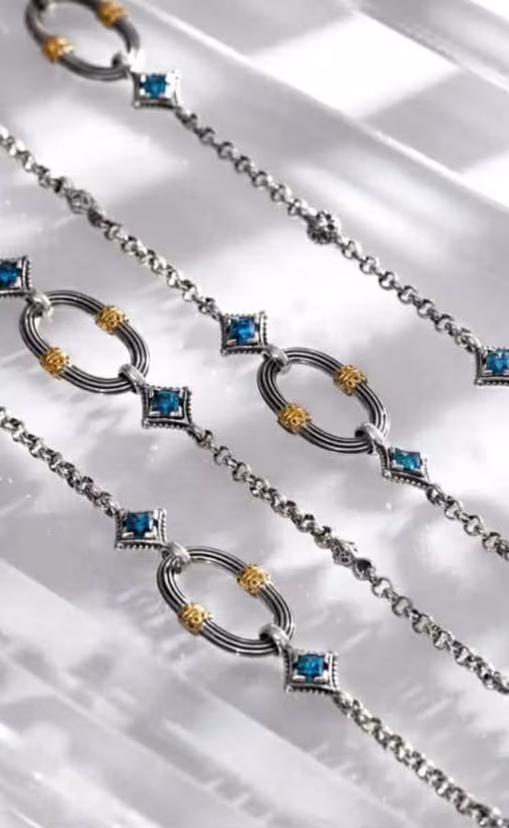 LONG NECKLACE STERLING SILVER & 18K GOLD WITH LONDON BLUE TOPAZ