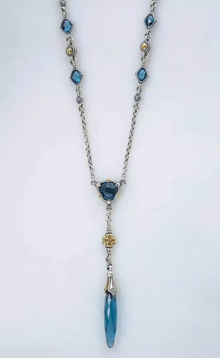 CROSS & DAGGER DROP NECKLACE WITH BLUE SPINEL