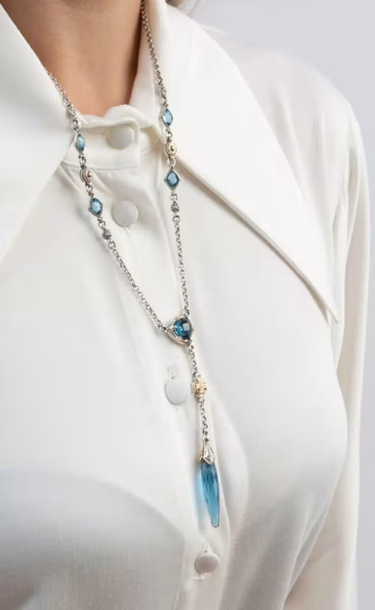 CROSS & DAGGER DROP NECKLACE WITH BLUE SPINEL