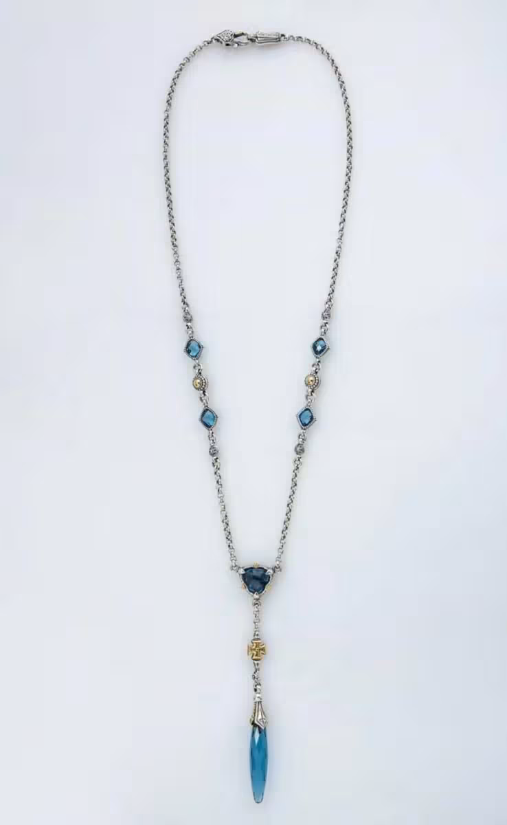 CROSS & DAGGER DROP NECKLACE WITH BLUE SPINEL