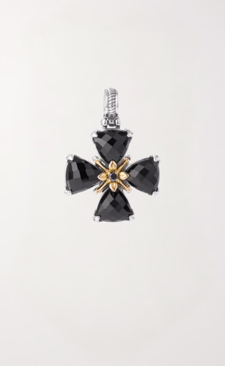 CROSS PENDANT STERLING SILVER 925, GOLD 18K WITH ONYX & BLACK DIAMOND