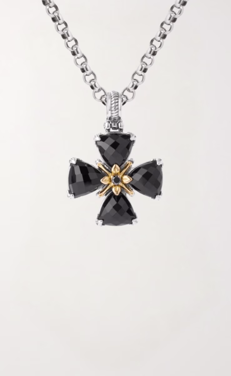 CROSS PENDANT STERLING SILVER 925, GOLD 18K WITH ONYX & BLACK DIAMOND