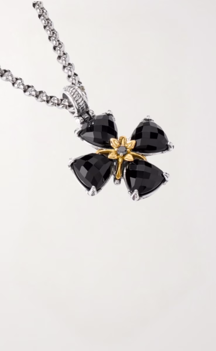 CROSS PENDANT STERLING SILVER 925, GOLD 18K WITH ONYX & BLACK DIAMOND