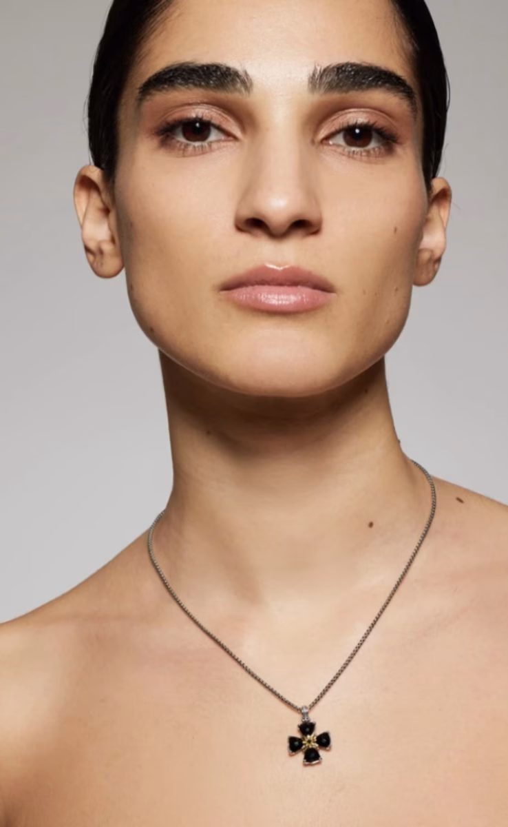 CROSS PENDANT STERLING SILVER 925, GOLD 18K WITH ONYX & BLACK DIAMOND