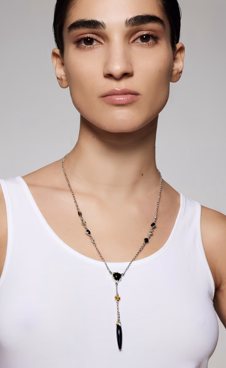 NECKLACE WITH CROSS & DAGGER DROP WITH ONYX