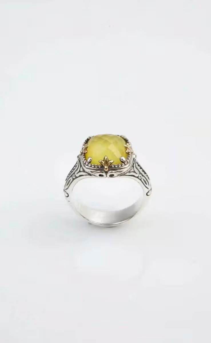 RING WITH ROCK CRYSTAL, YELLOW AGATE & MOP TRIPLET