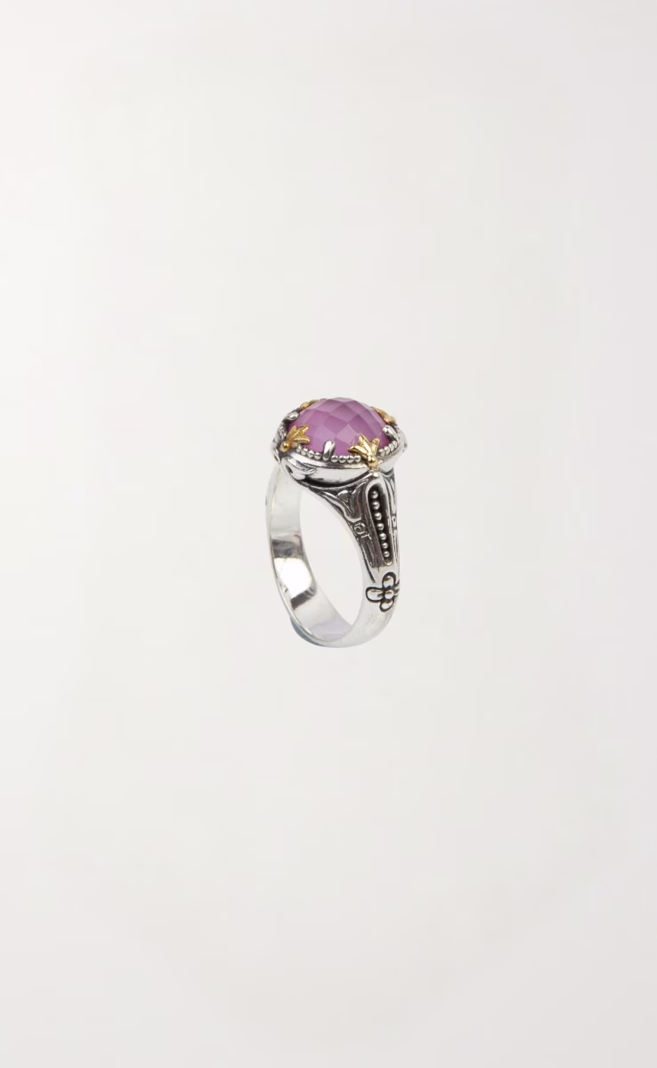 RING WITH ROCK CRYSTAL, PINK CORUNDUM & MOP TRIPLET
