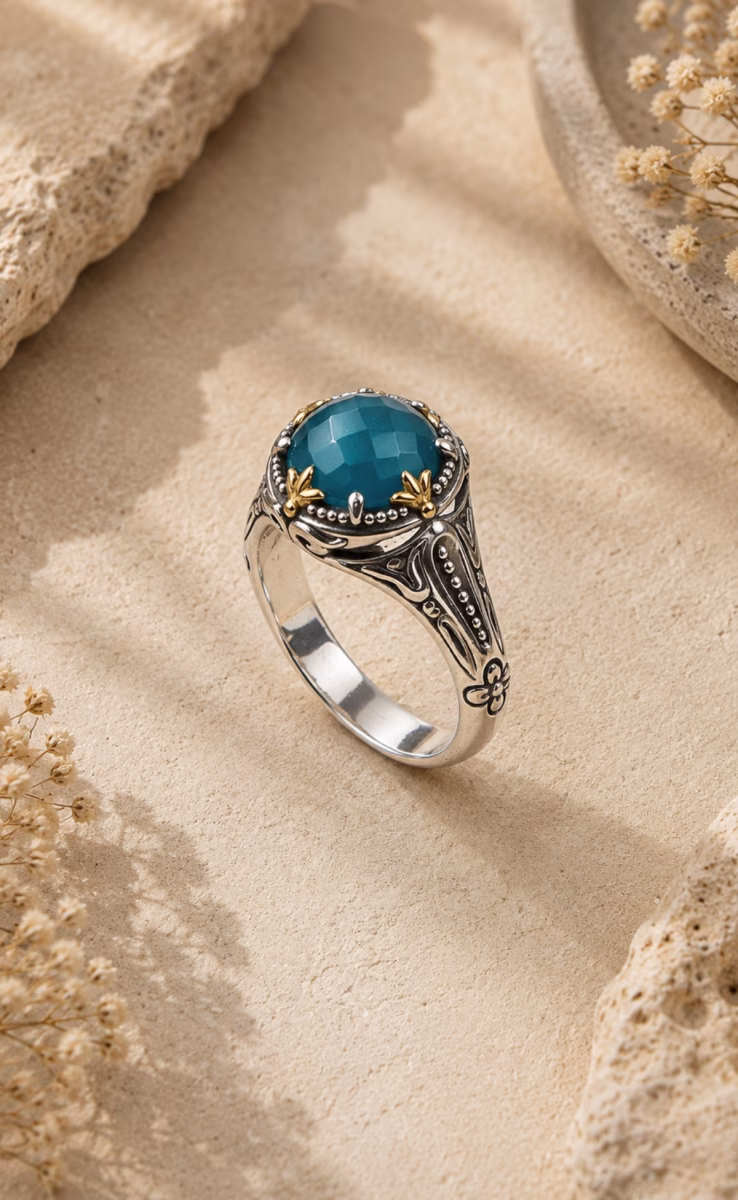 RING WITH ROCK CRYSTAL, BLUE MARINE SPINEL & MOP TRIPLET