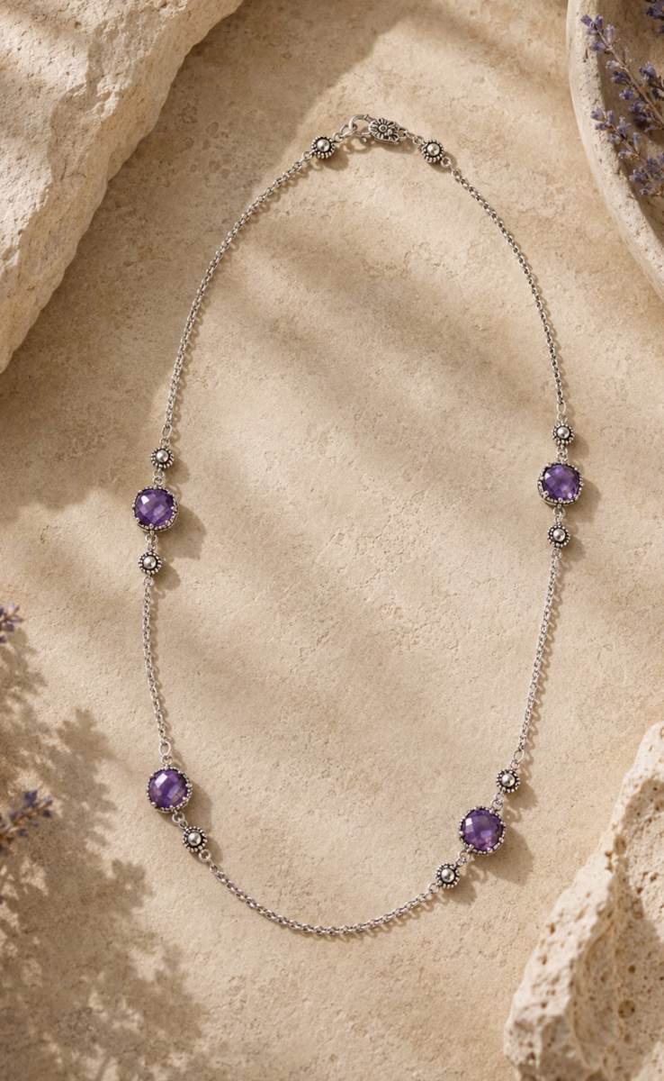 NECKLACE WITH ROCK CRYSTAL, AMETHYST & MOP TRIPLET