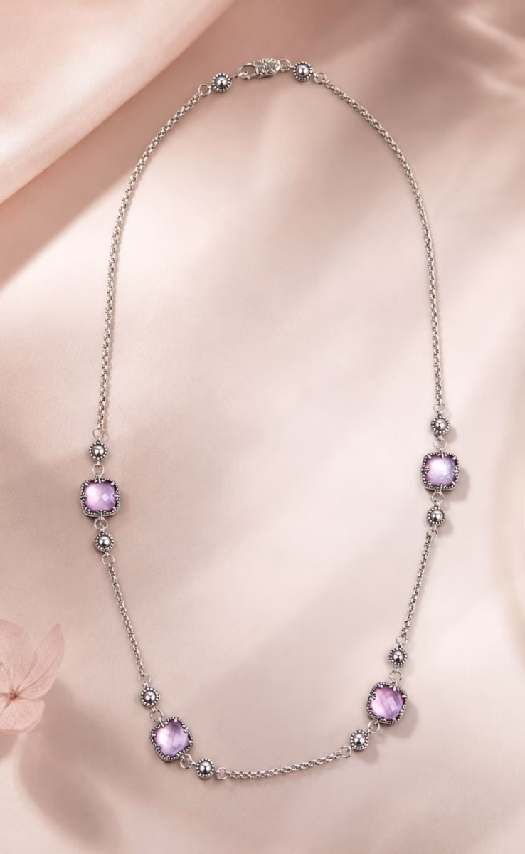 NECKLACE WITH ROCK CRYSTAL, PINK CORUNDUM & MOP TRIPLET