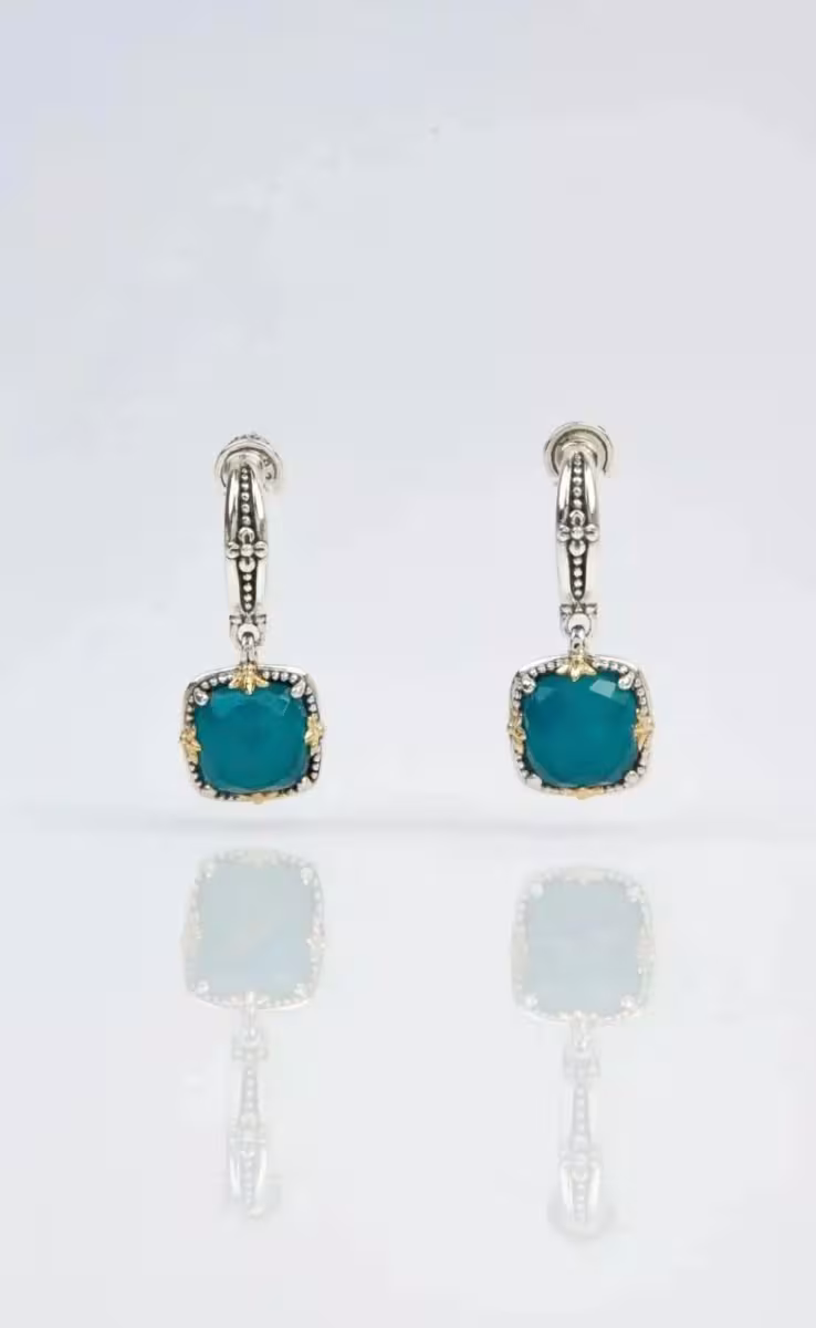 EARRINGS WITH ROCK CRYSTAL, BLUE MARINE SPINEL & MOP TRIPLET