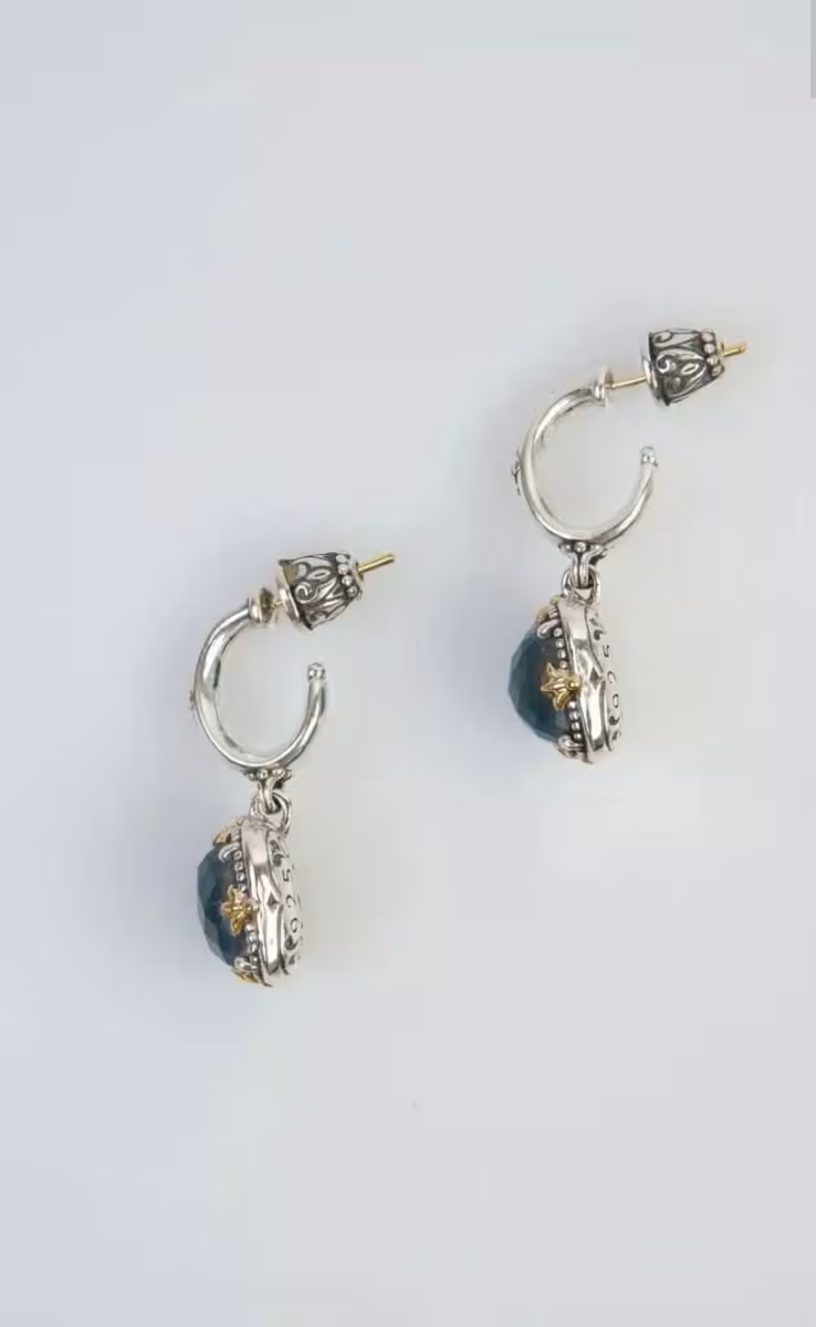 EARRINGS WITH ROCK CRYSTAL, BLUE MARINE SPINEL & MOP TRIPLET