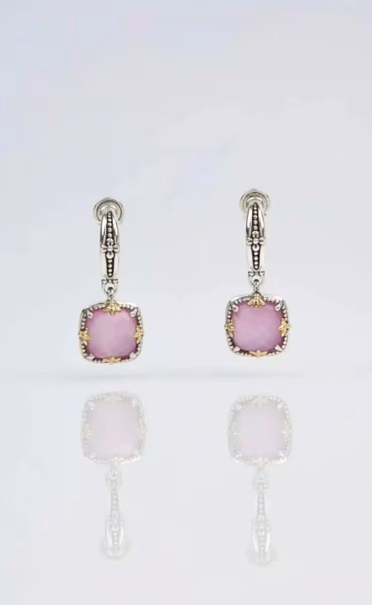 EARRINGS WITH ROCK CRYSTAL, PINK CORUNDUM & MOP TRIPLET