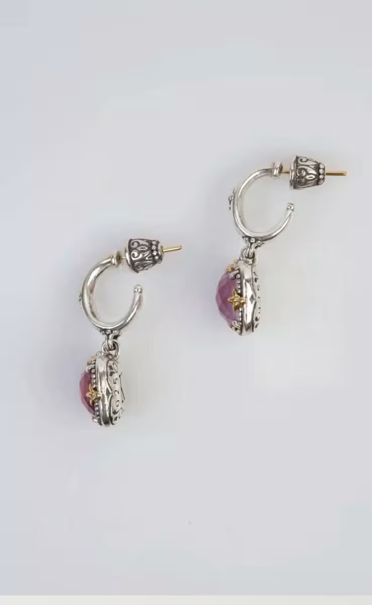 EARRINGS WITH ROCK CRYSTAL, PINK CORUNDUM & MOP TRIPLET