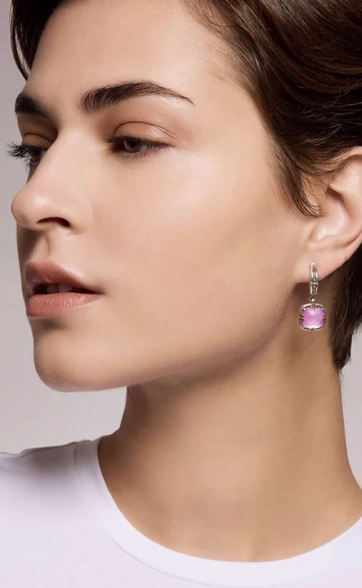 EARRINGS WITH ROCK CRYSTAL, PINK CORUNDUM & MOP TRIPLET