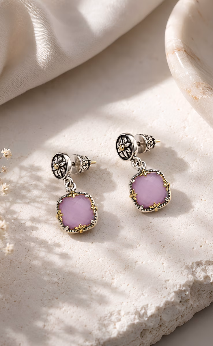EARRINGS WITH ROCK CRYSTAL, PINK CORUNDUM & MOP TRIPLET