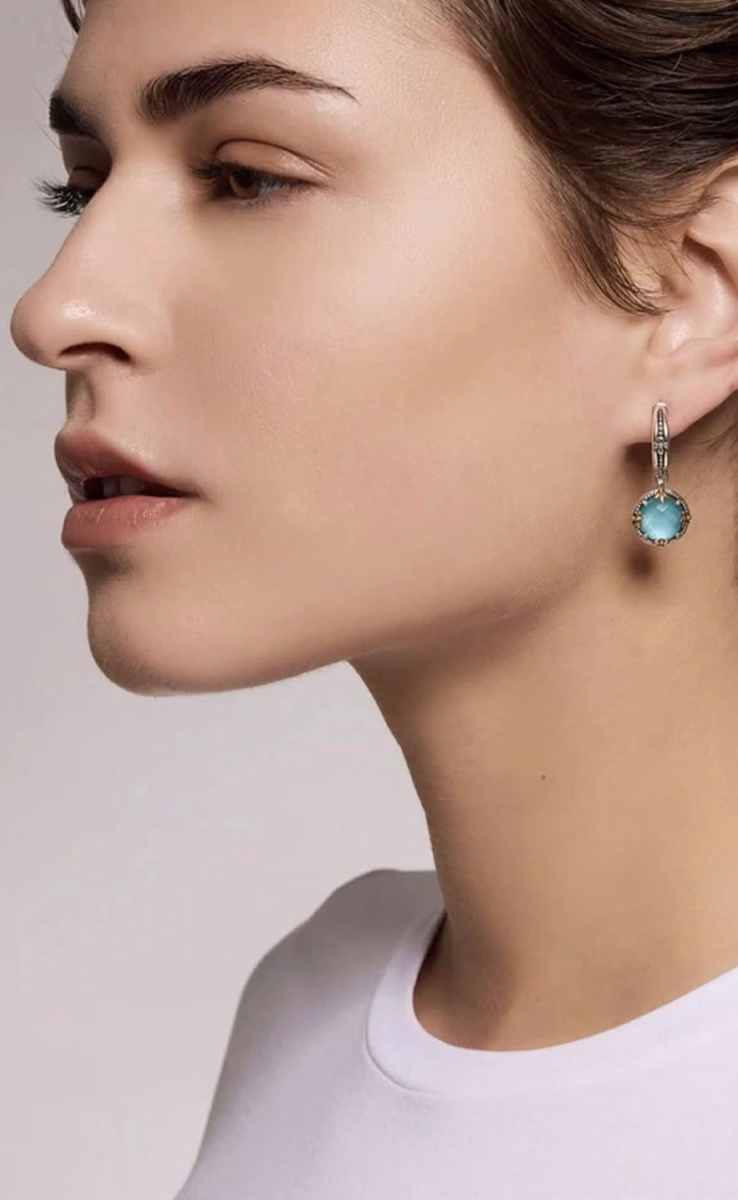 EARRINGS WITH ROCK CRYSTAL, AQUA & MOP TRIPLET