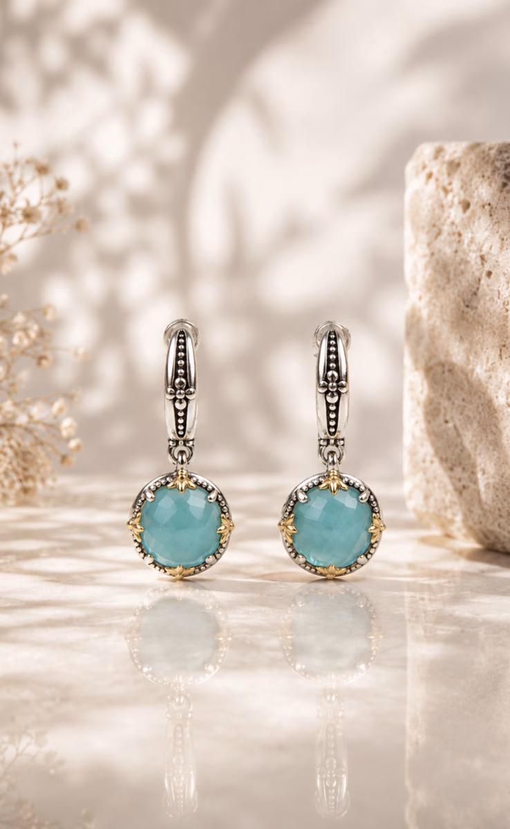 EARRINGS WITH ROCK CRYSTAL, AQUA & MOP TRIPLET