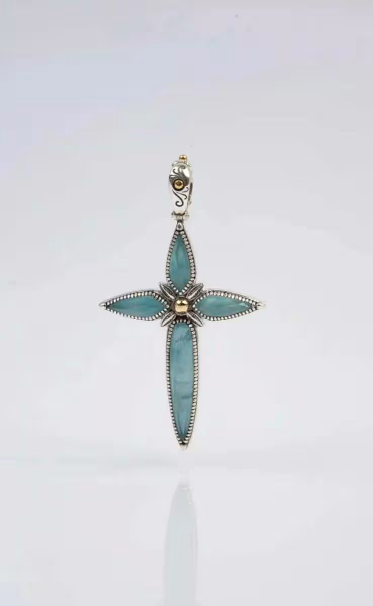 CROSS WITH ROCK CRYSTAL, AQUA MARINE & MOP TRIPLET