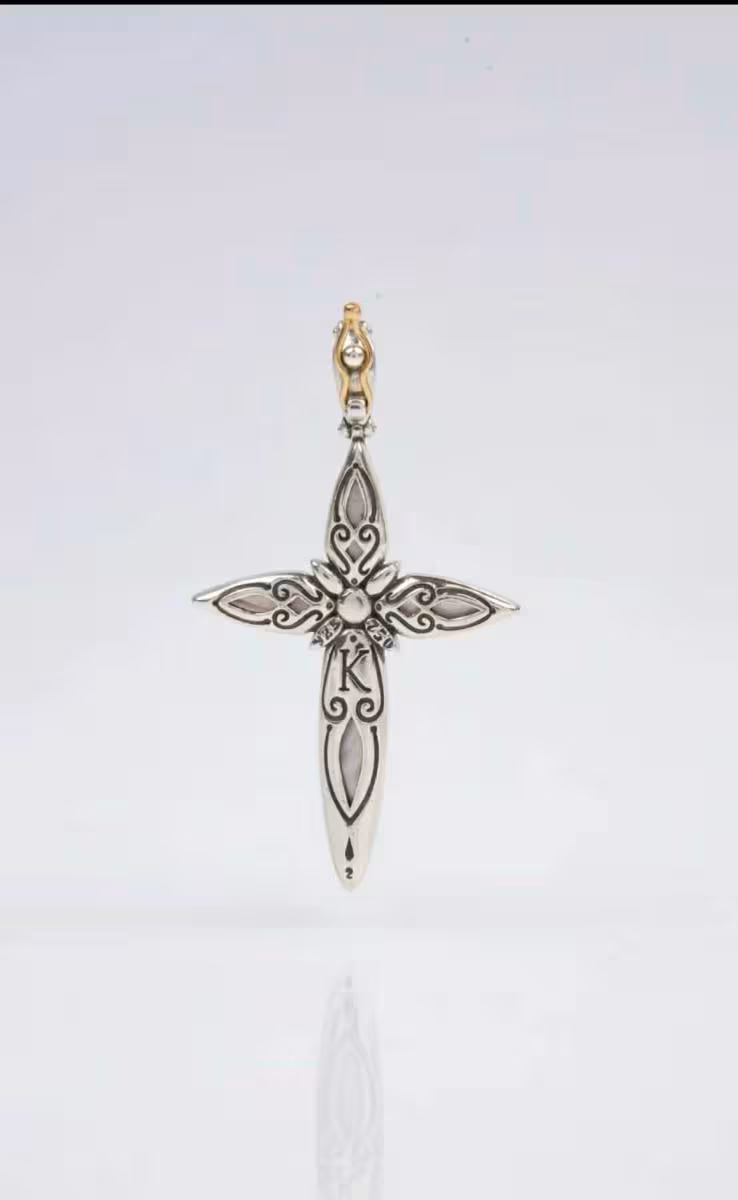 CROSS WITH ROCK CRYSTAL, AQUA MARINE & MOP TRIPLET