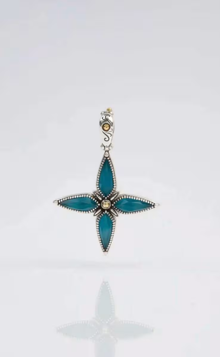 CROSS WITH ROCK CRYSTAL, BLUE MARINE SPINEL & MOP TRIPLET