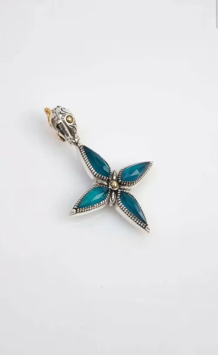 CROSS WITH ROCK CRYSTAL, BLUE MARINE SPINEL & MOP TRIPLET