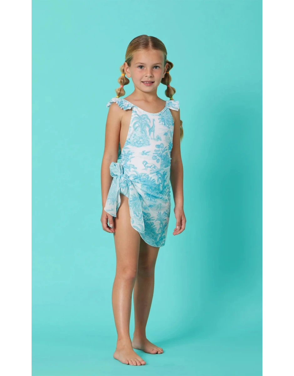 GIRLS ONE PIECE PLEATED JUNGLE TURQUOISE