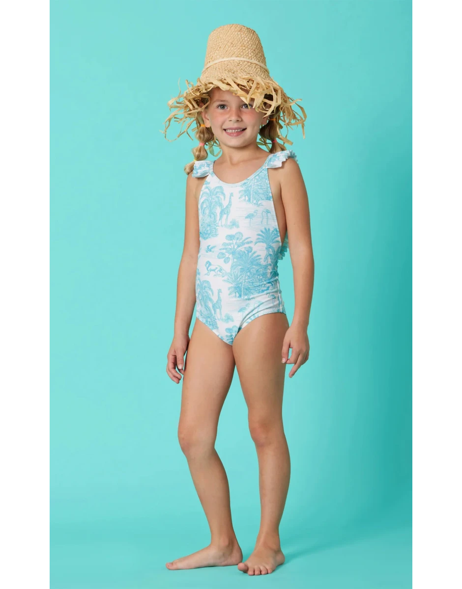 GIRLS ONE PIECE PLEATED JUNGLE TURQUOISE