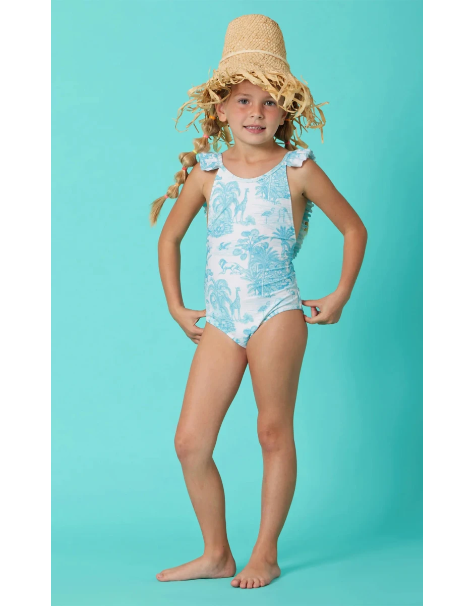 GIRLS ONE PIECE PLEATED JUNGLE TURQUOISE