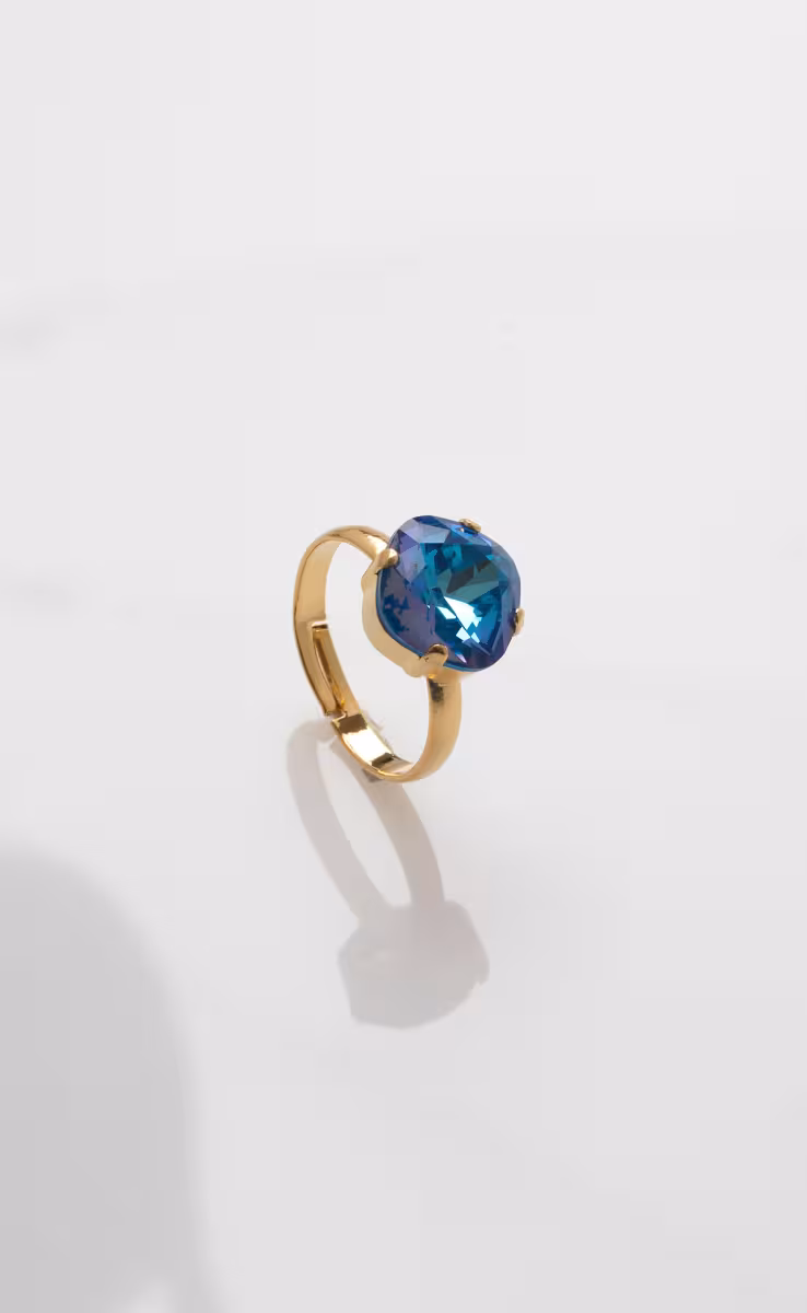 SQUARE GOLD PLATED RING BLUE CRYSTAL
