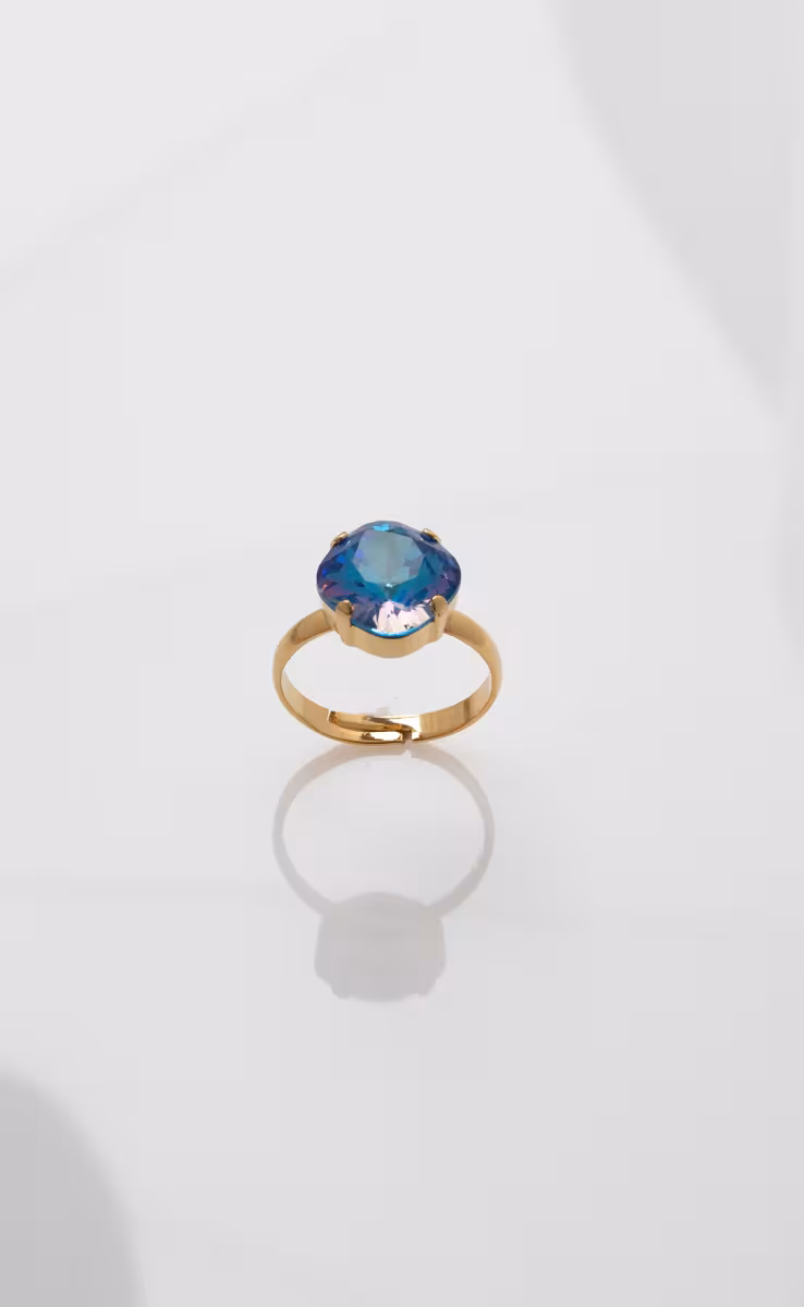 SQUARE GOLD PLATED RING BLUE CRYSTAL