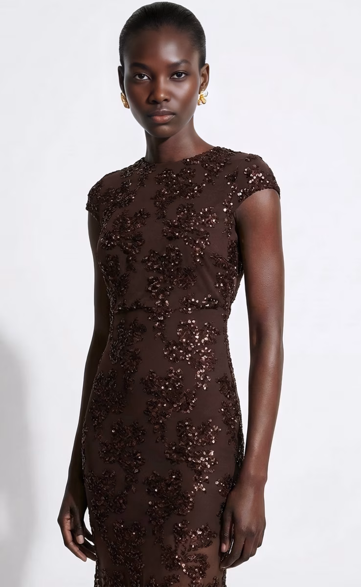 AZURA SHORT SLEEVE SEQUIN DRESS BROWN