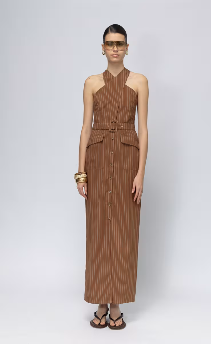 TROPIC PRIVE STRIPED X NECK DRESS WITH BELT BROWN