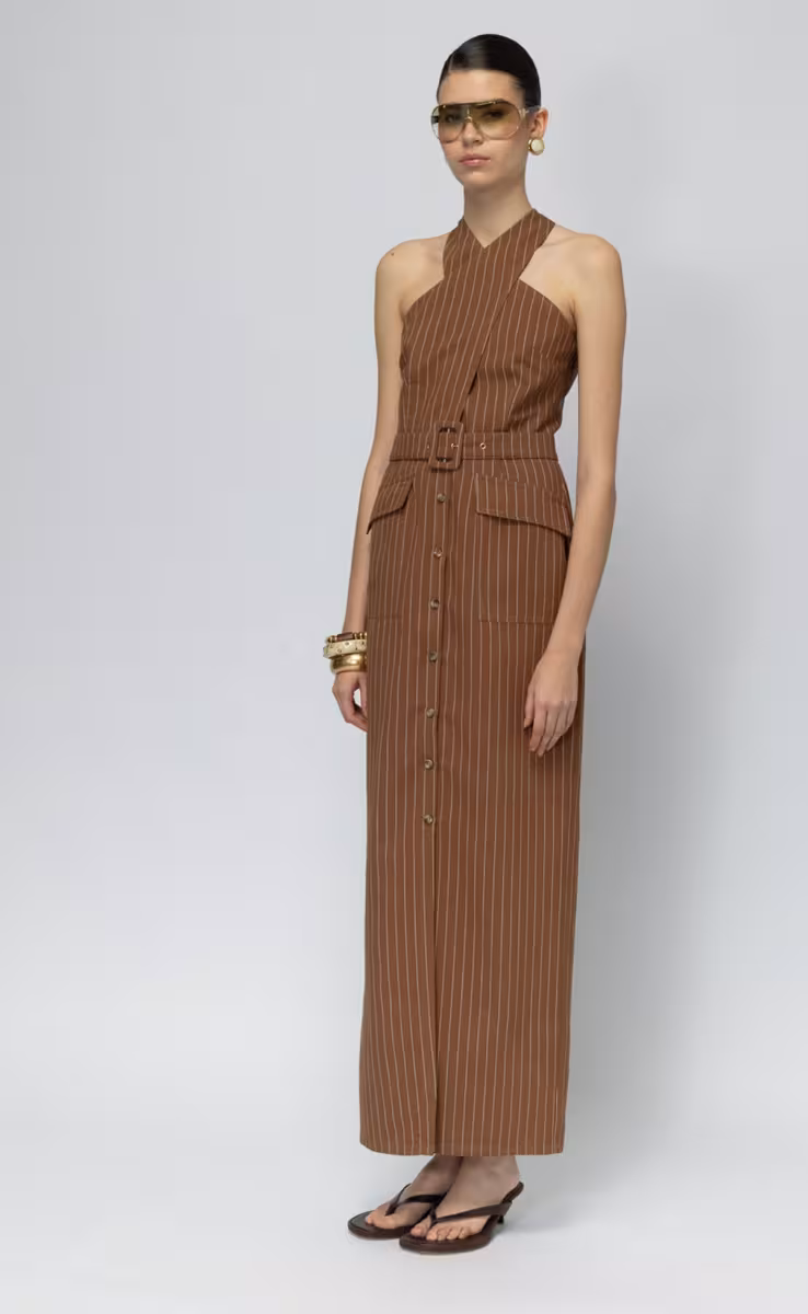 TROPIC PRIVE STRIPED X NECK DRESS WITH BELT BROWN
