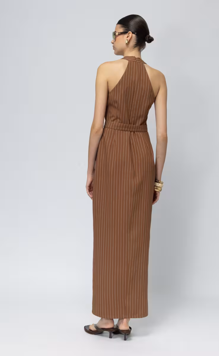 TROPIC PRIVE STRIPED X NECK DRESS WITH BELT BROWN