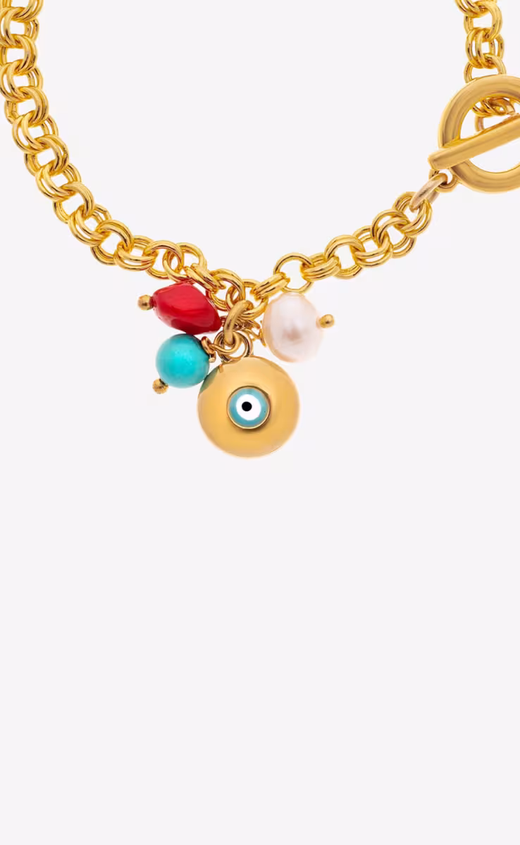 CHAIN BRACELET WITH F.W. PEARL & EVIL EYE