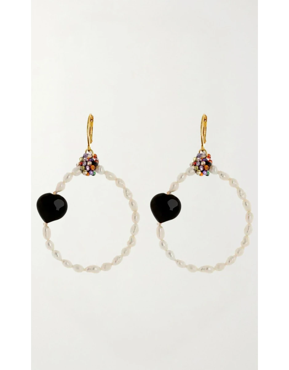 FRESHWATER PEARL EARRINGS WITH ONYX HEART