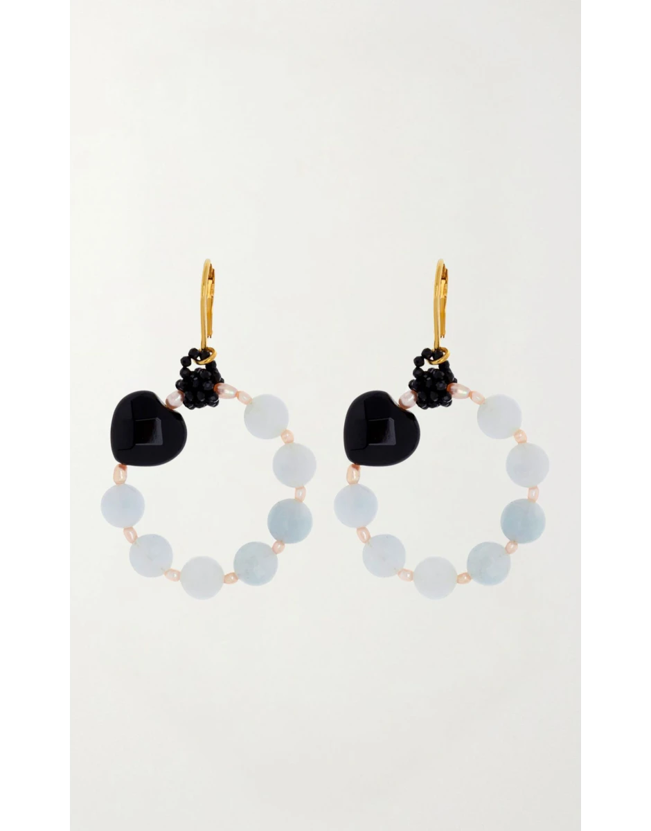AQUAMARINE EARRINGS WITH FRESH WATER PEARL, ONYX & SPINEL